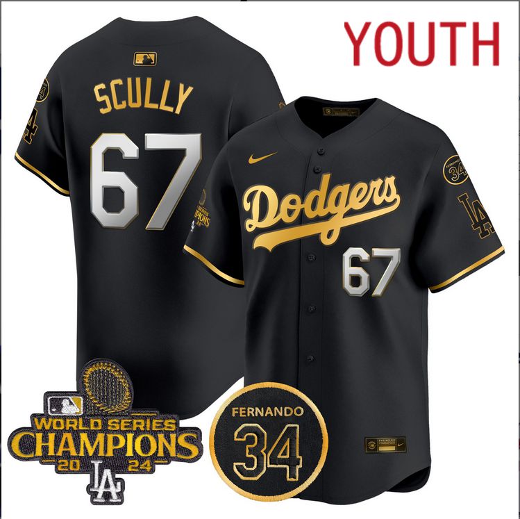 Youth  MLB Los Angeles Dodgers #67 Scully black 2024 World Series Champions Patch Limited Jersey